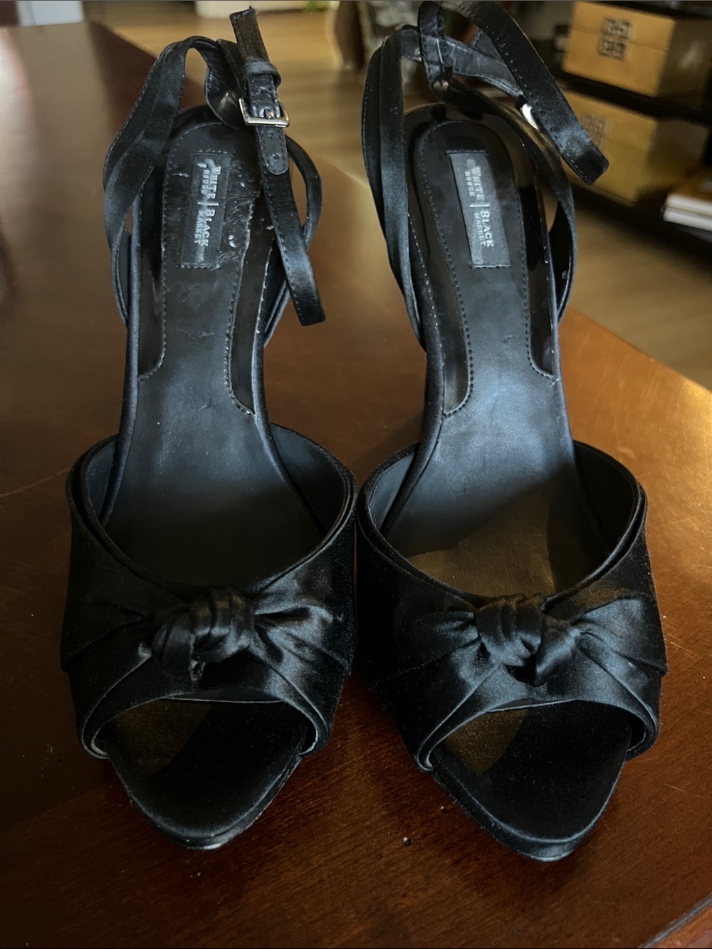 White House Black Market Black Satin Knot Ankle-Strap Heels